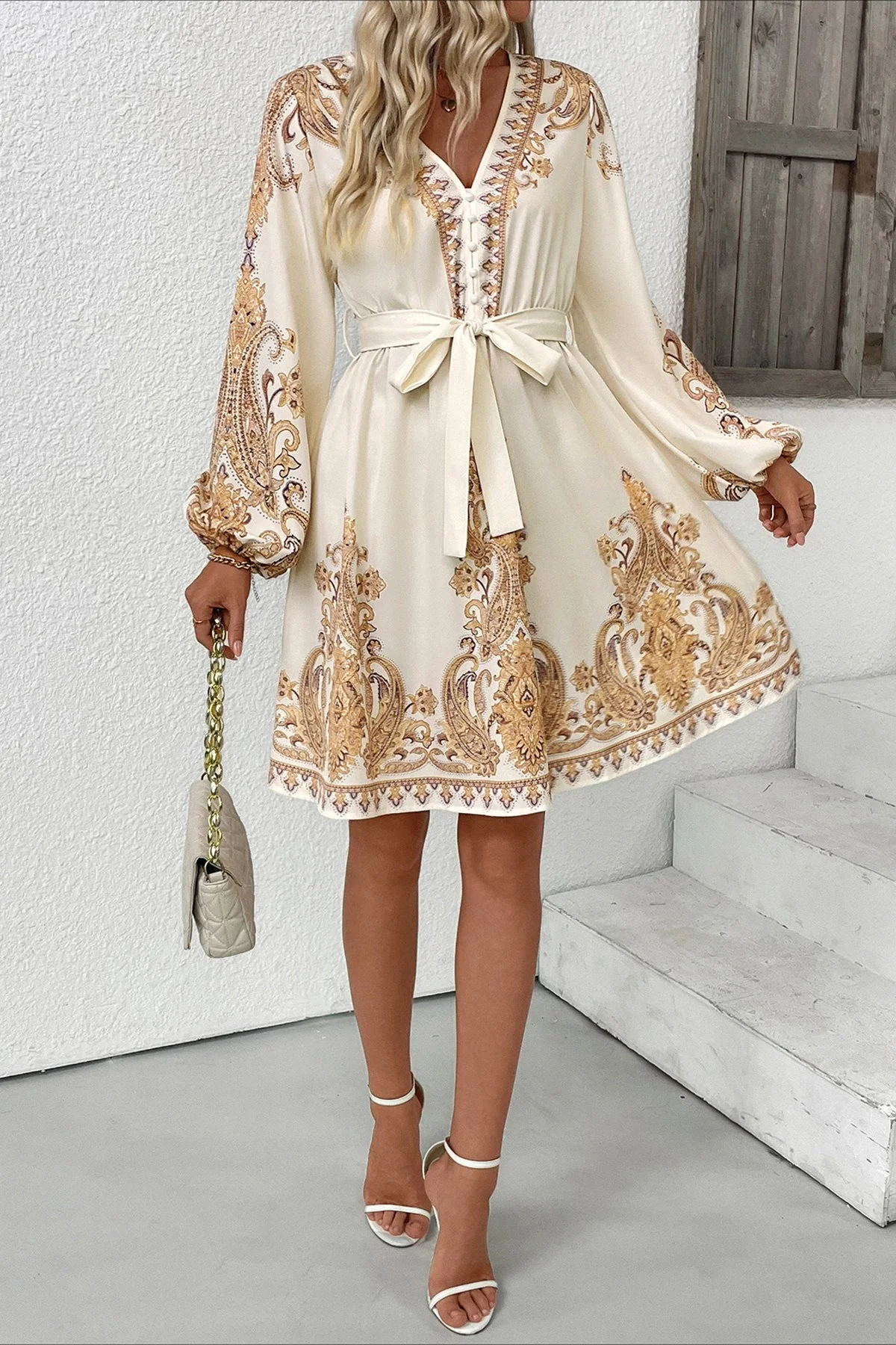 Chic Paisley Print V Neck Ethnic Mini Dress - Image 5