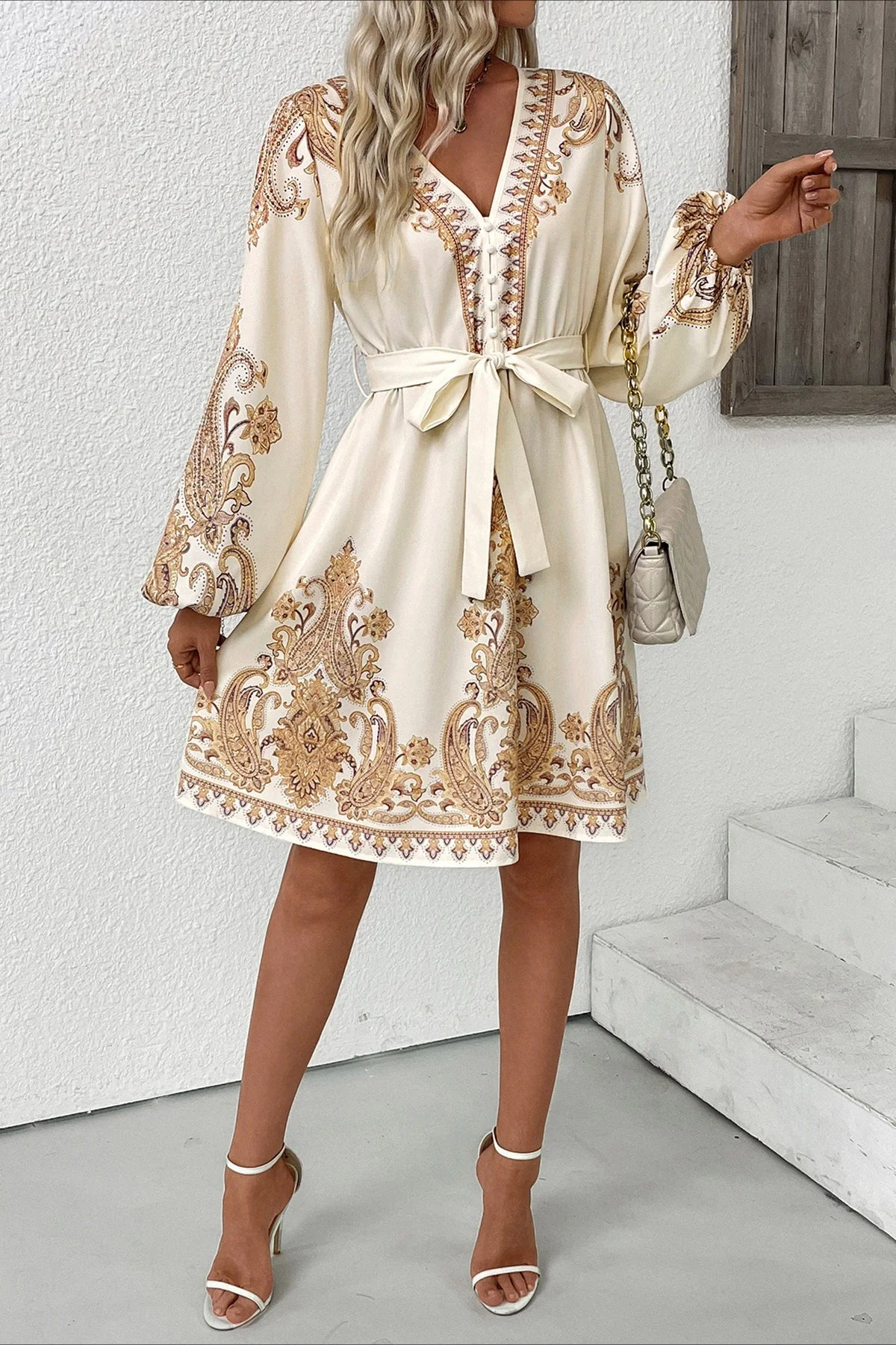 Chic Paisley Print V Neck Ethnic Mini Dress - Image 6