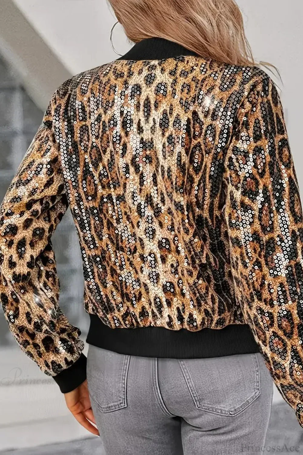 Chic Sequin Leopard Print Baseball Short Jacket - Image 2