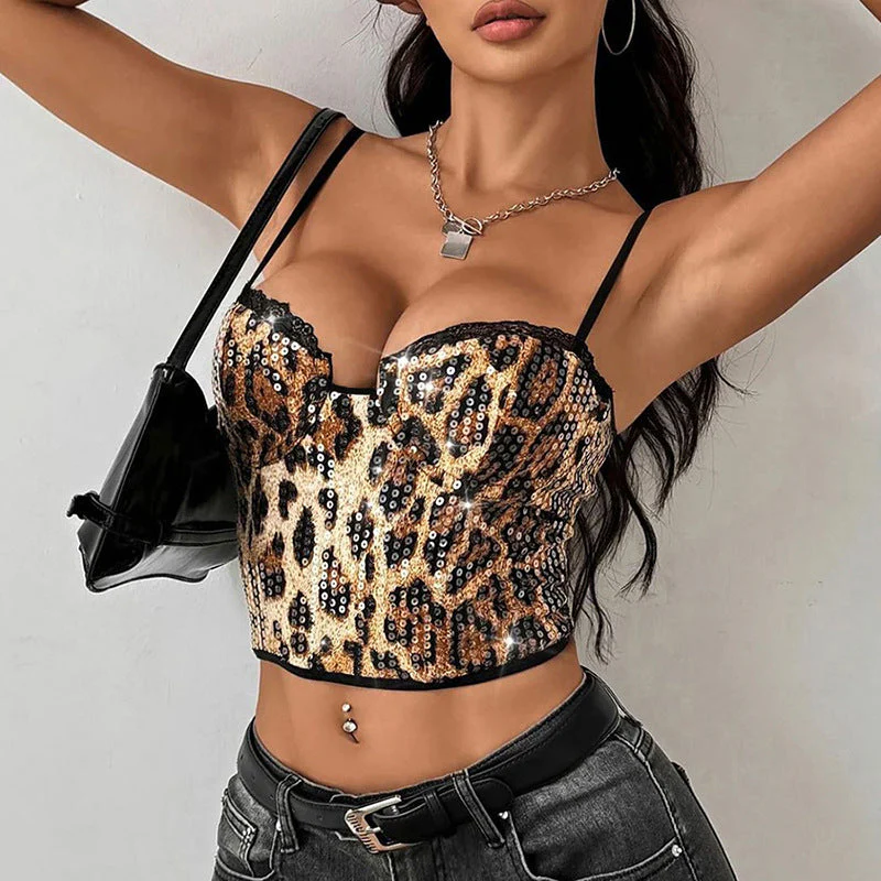 Chic Sexy Lace Sequin Leopard Cami Top - Image 3