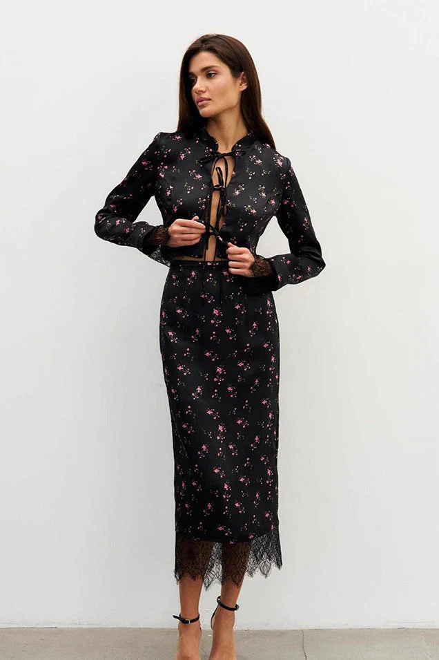 Chic Slim Floral Print Long Sleeve Skirt Set
