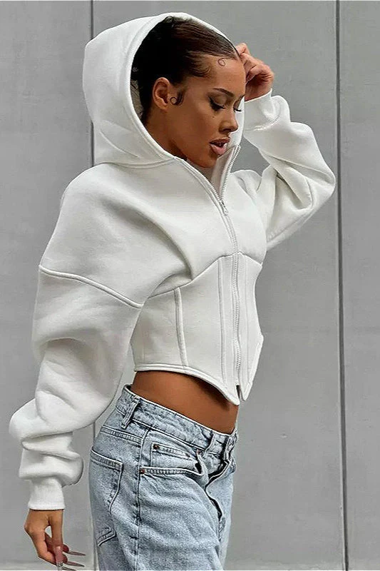 Chic Solid Cinched Uneven Short Hoodie - Image 6