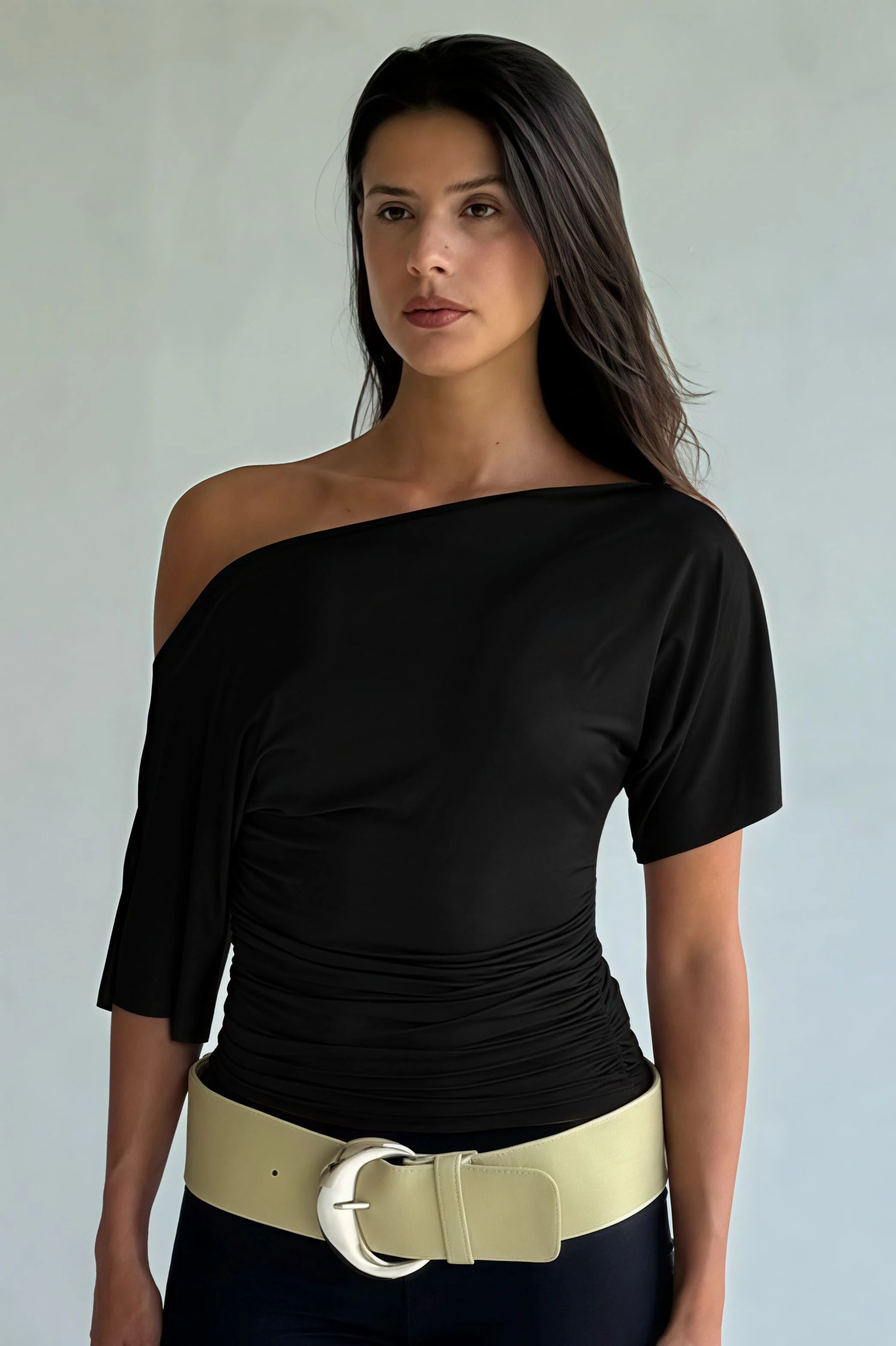 Chic Solid Off Shoulder Shirred Waist T-shirt - Image 10