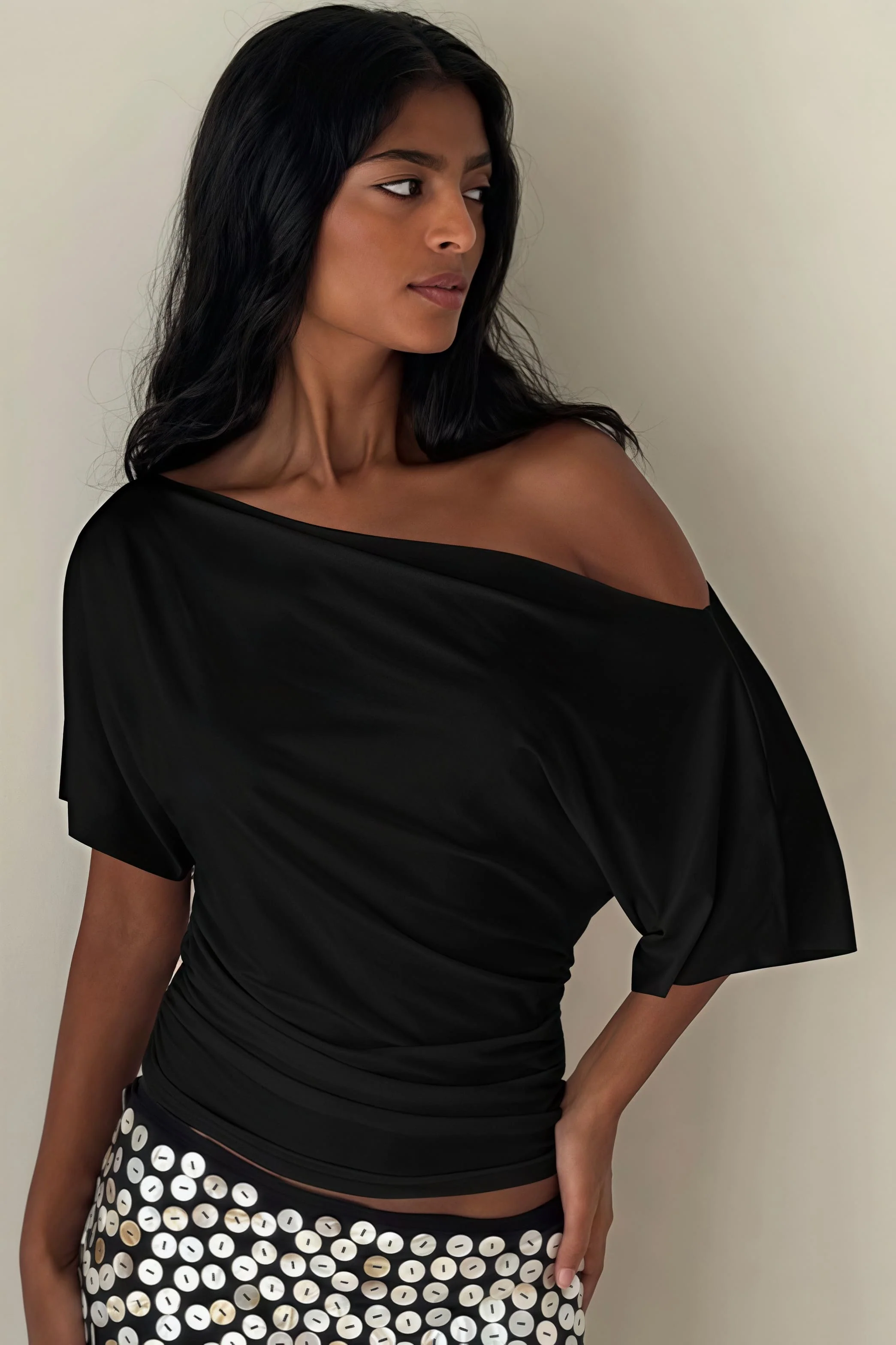Chic Solid Off Shoulder Shirred Waist T-shirt - Image 12