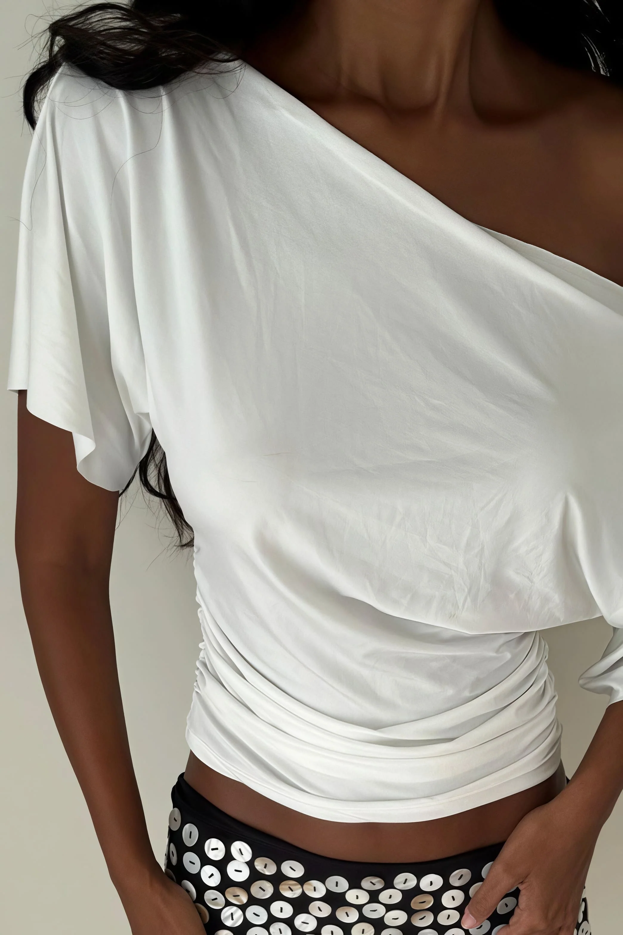 Chic Solid Off Shoulder Shirred Waist T-shirt - Image 5