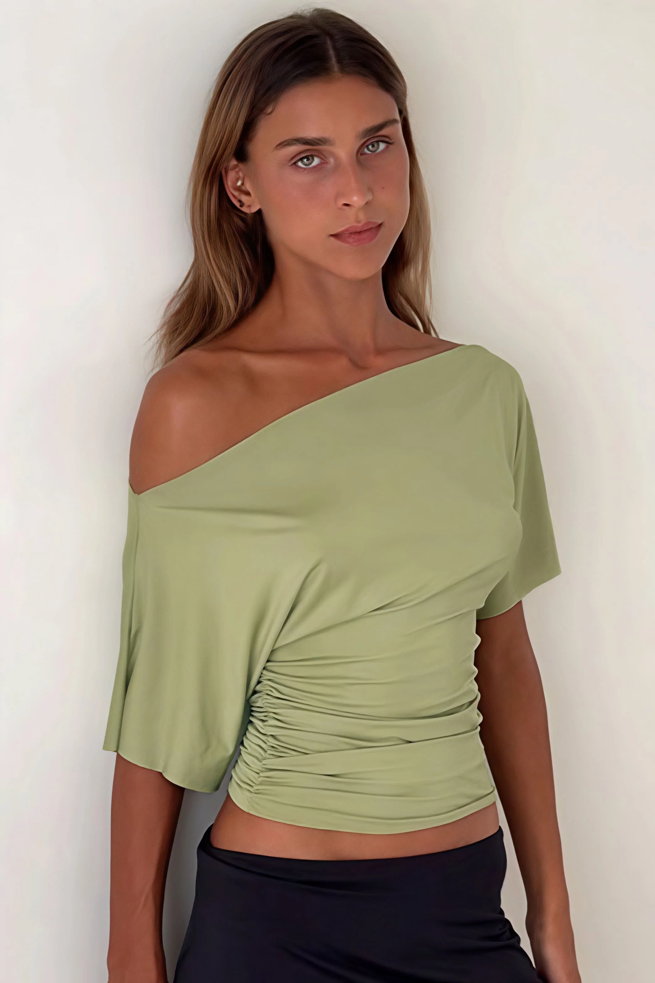 Chic Solid Off Shoulder Shirred Waist T-shirt - Image 8