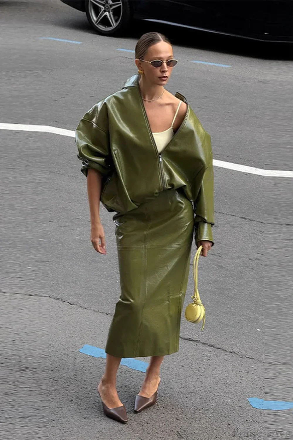 Chic Solid Patent Leather Stand Collar Jacket Skirt Two Piece Set - Image 2