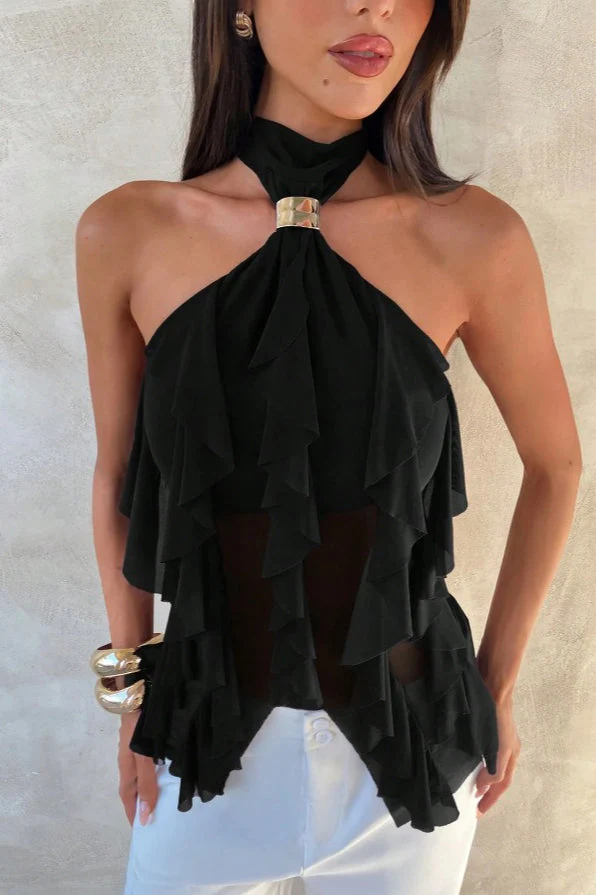 Chic Solid Ruffle Slim Halter Top - Image 11