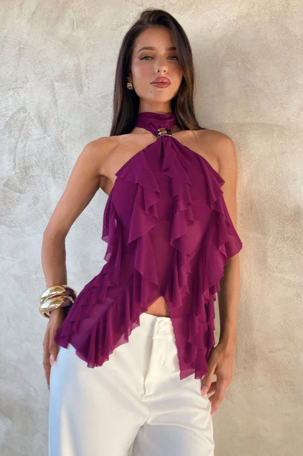 Chic Solid Ruffle Slim Halter Top - Image 2
