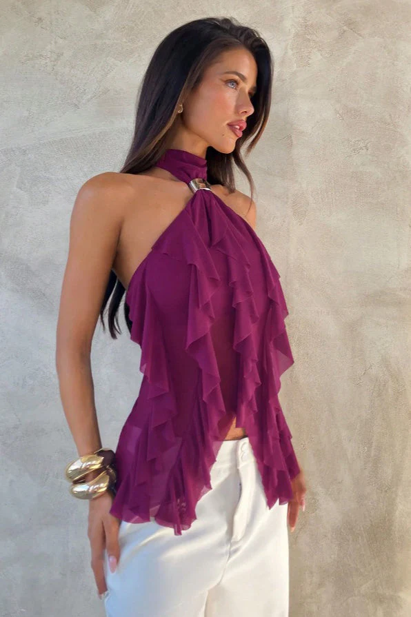 Chic Solid Ruffle Slim Halter Top - Image 3