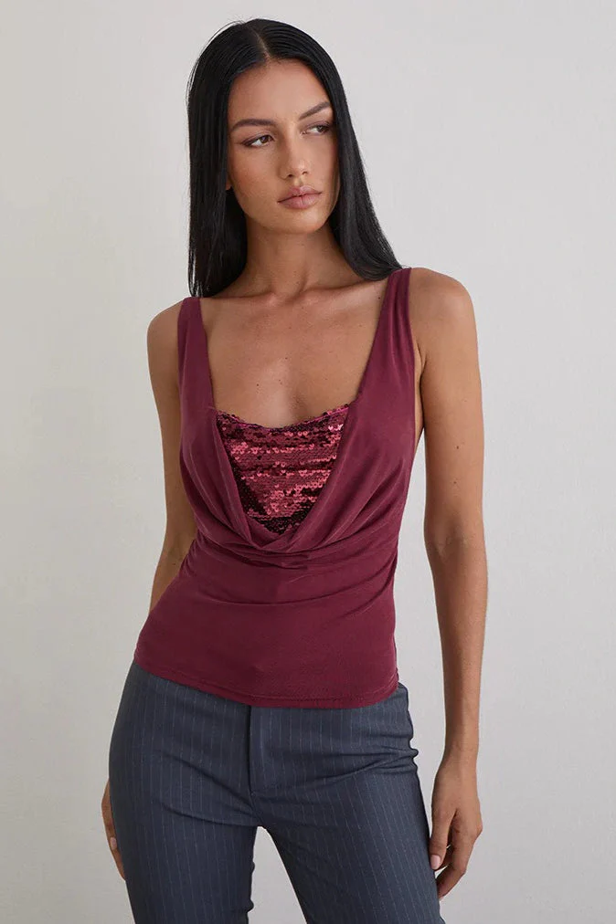 Chic Solid Slim U Neck Sequin Cami Top - Image 2