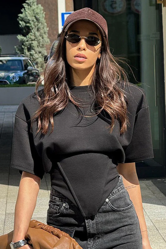 Chic Solid Wide Shoulder Tie Waist Elbow Sleeve T-shirt - Image 10