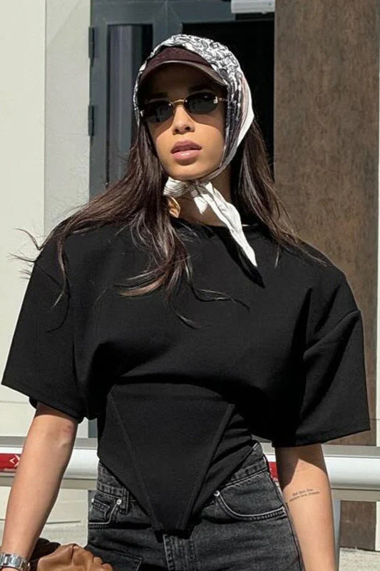 Chic Solid Wide Shoulder Tie Waist Elbow Sleeve T-shirt - Image 11