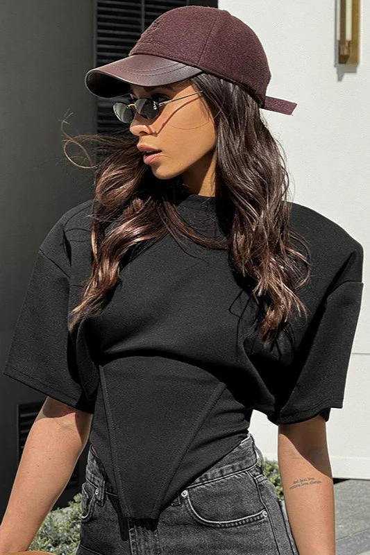 Chic Solid Wide Shoulder Tie Waist Elbow Sleeve T-shirt - Image 9