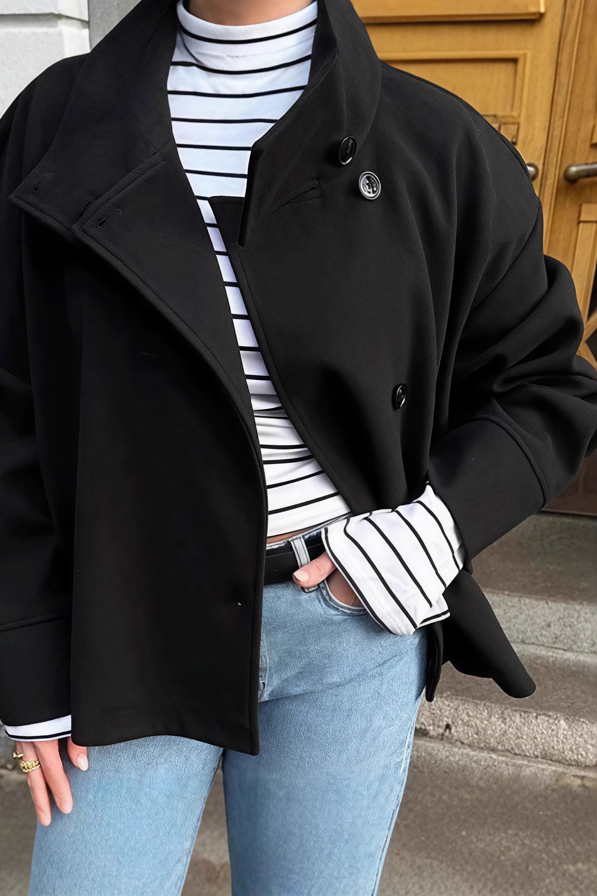 Chic Solid Wool Button High Collar Coat - Image 5