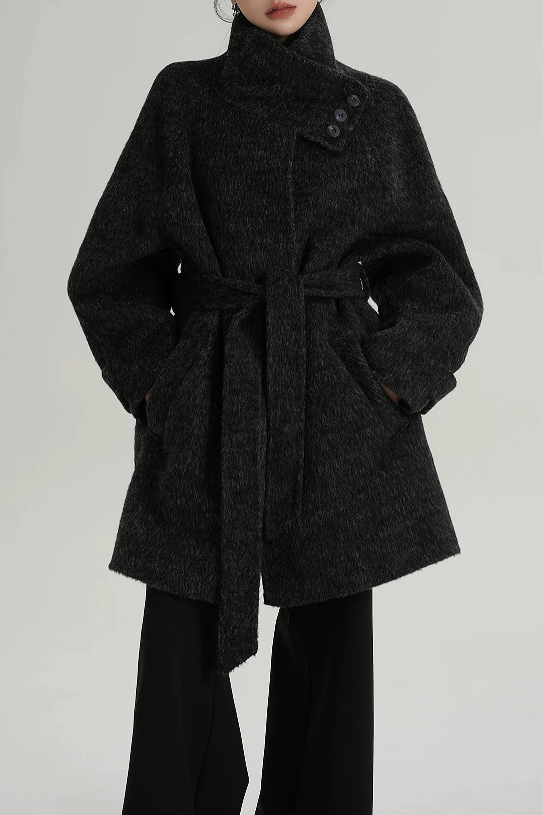Chic Solid Wool Warm Loose Mock-neck Coat - Image 11