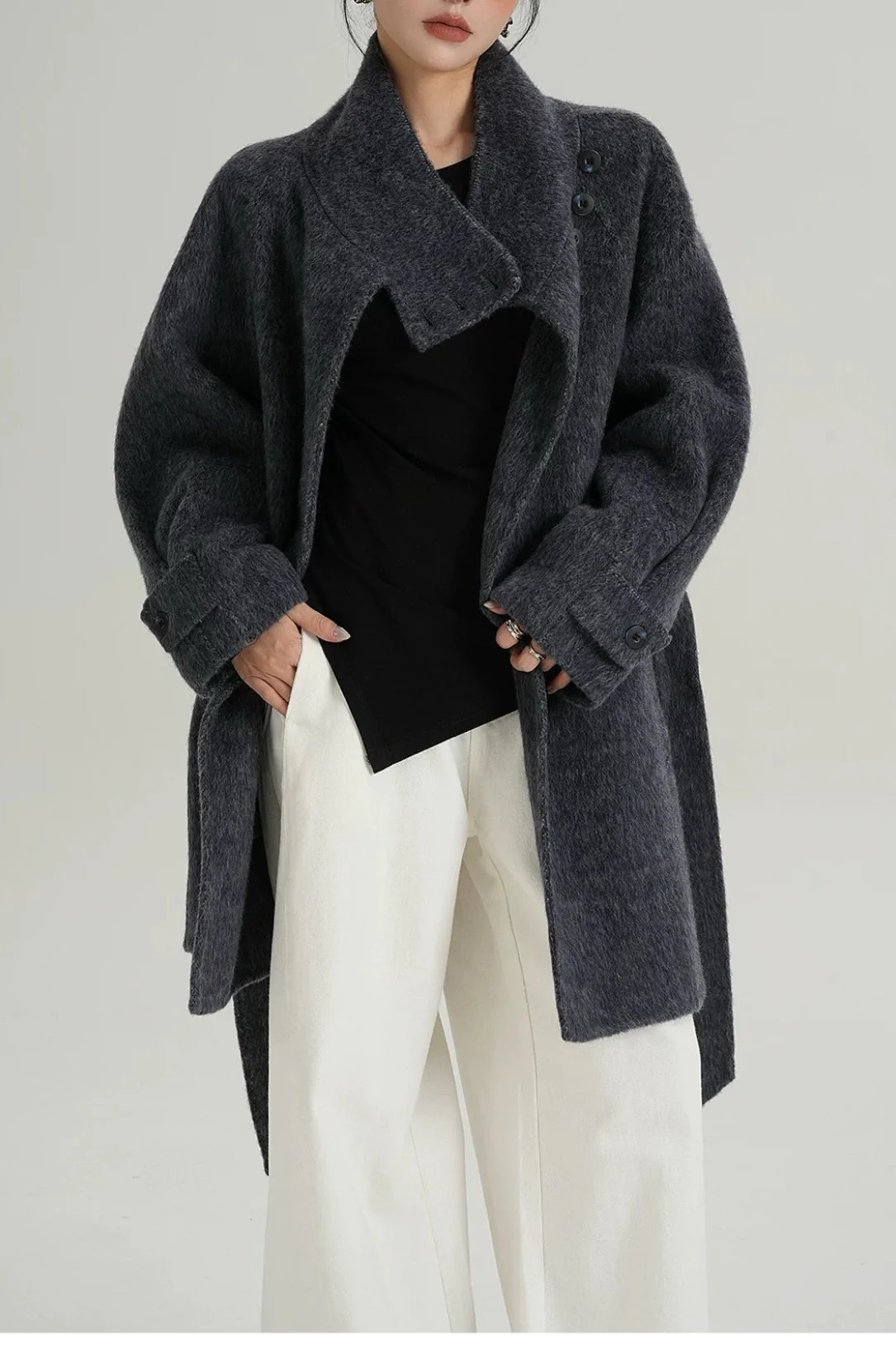 Chic Solid Wool Warm Loose Mock-neck Coat - Image 2