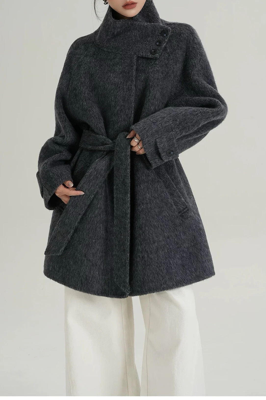 Chic Solid Wool Warm Loose Mock-neck Coat - Image 3