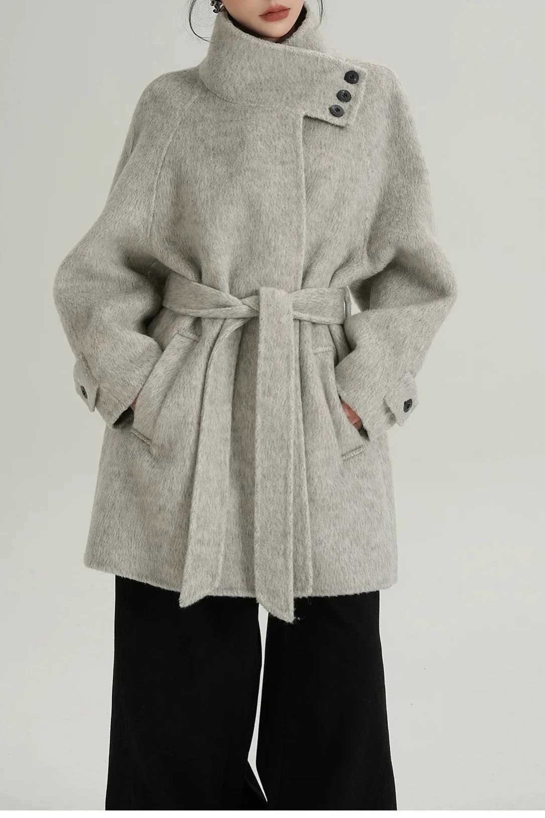 Chic Solid Wool Warm Loose Mock-neck Coat - Image 6