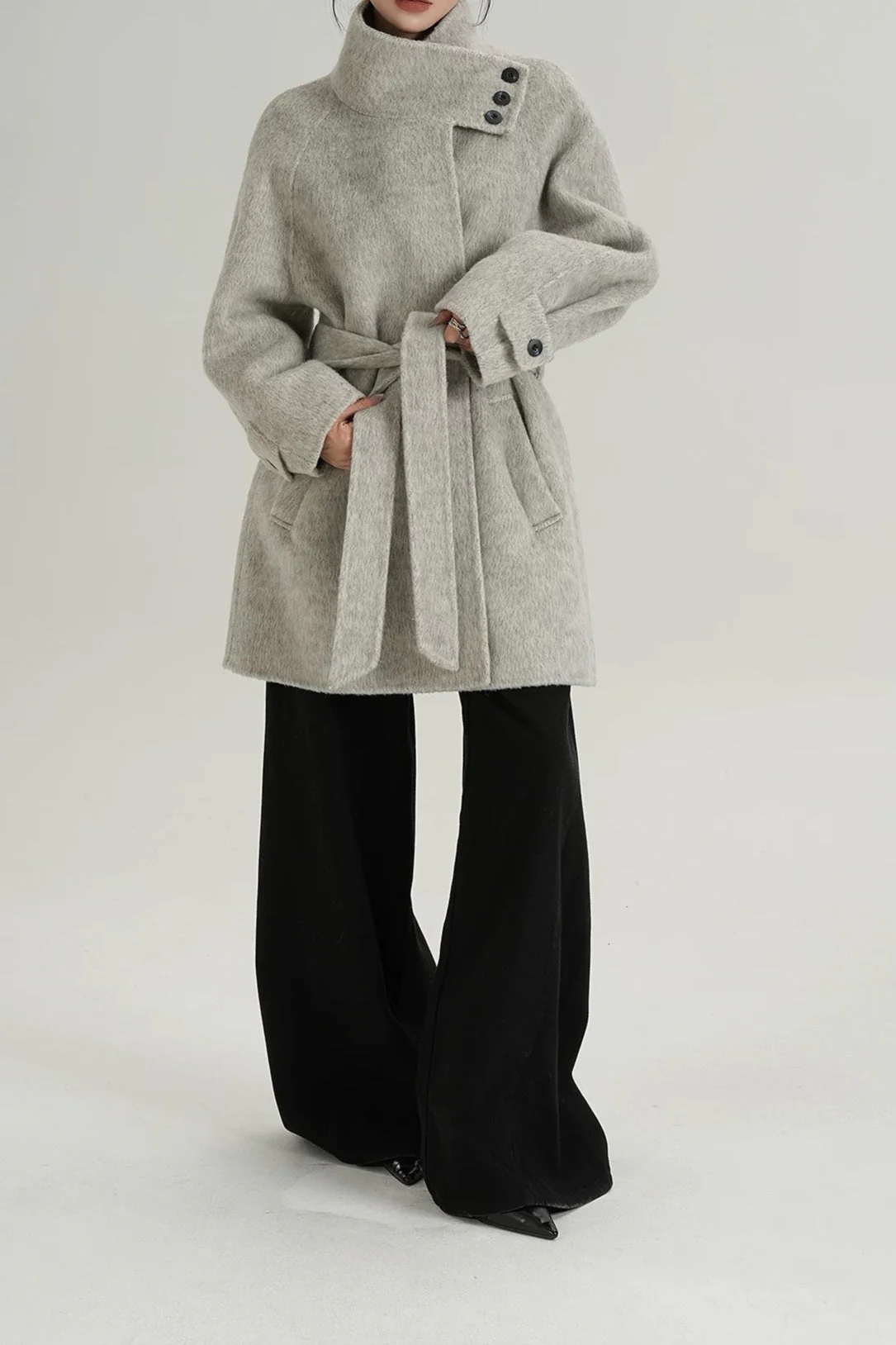 Chic Solid Wool Warm Loose Mock-neck Coat - Image 9