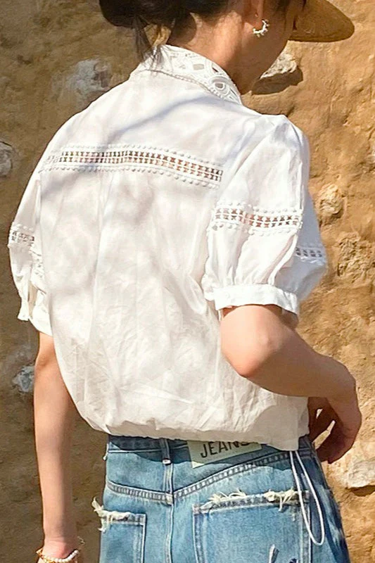 Chic Stripe Lace Puff Sleeve Blouse - Image 10