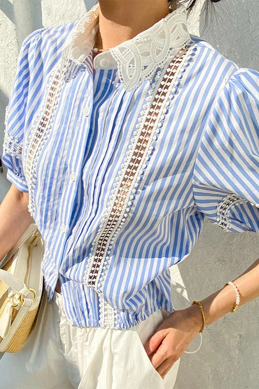 Chic Stripe Lace Puff Sleeve Blouse - Image 2