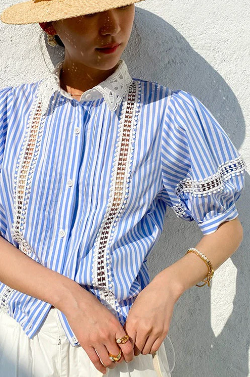 Chic Stripe Lace Puff Sleeve Blouse - Image 3