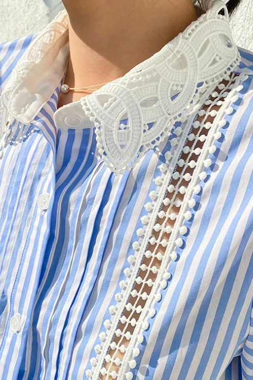 Chic Stripe Lace Puff Sleeve Blouse - Image 6