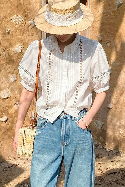 Chic Stripe Lace Puff Sleeve Blouse - Image 7