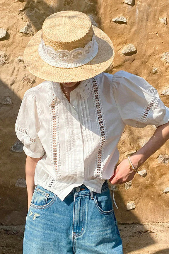 Chic Stripe Lace Puff Sleeve Blouse - Image 8