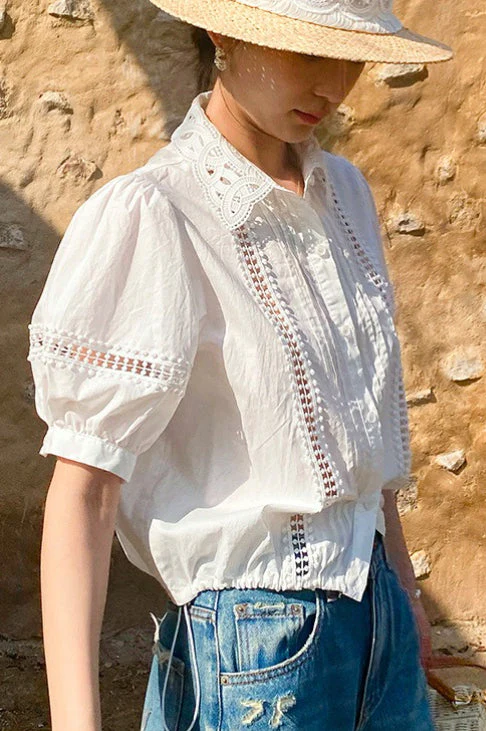 Chic Stripe Lace Puff Sleeve Blouse - Image 9