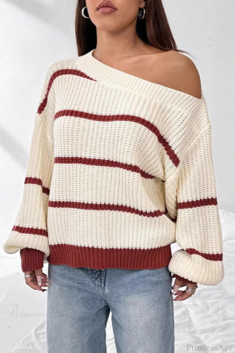 Chic Striped Off Shoulder Lantern Sleeve Knit Sweater - Image 2