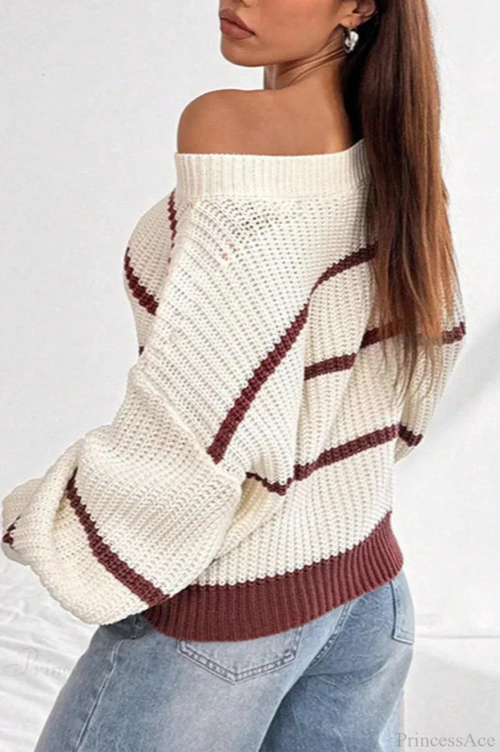 Chic Striped Off Shoulder Lantern Sleeve Knit Sweater - Image 3