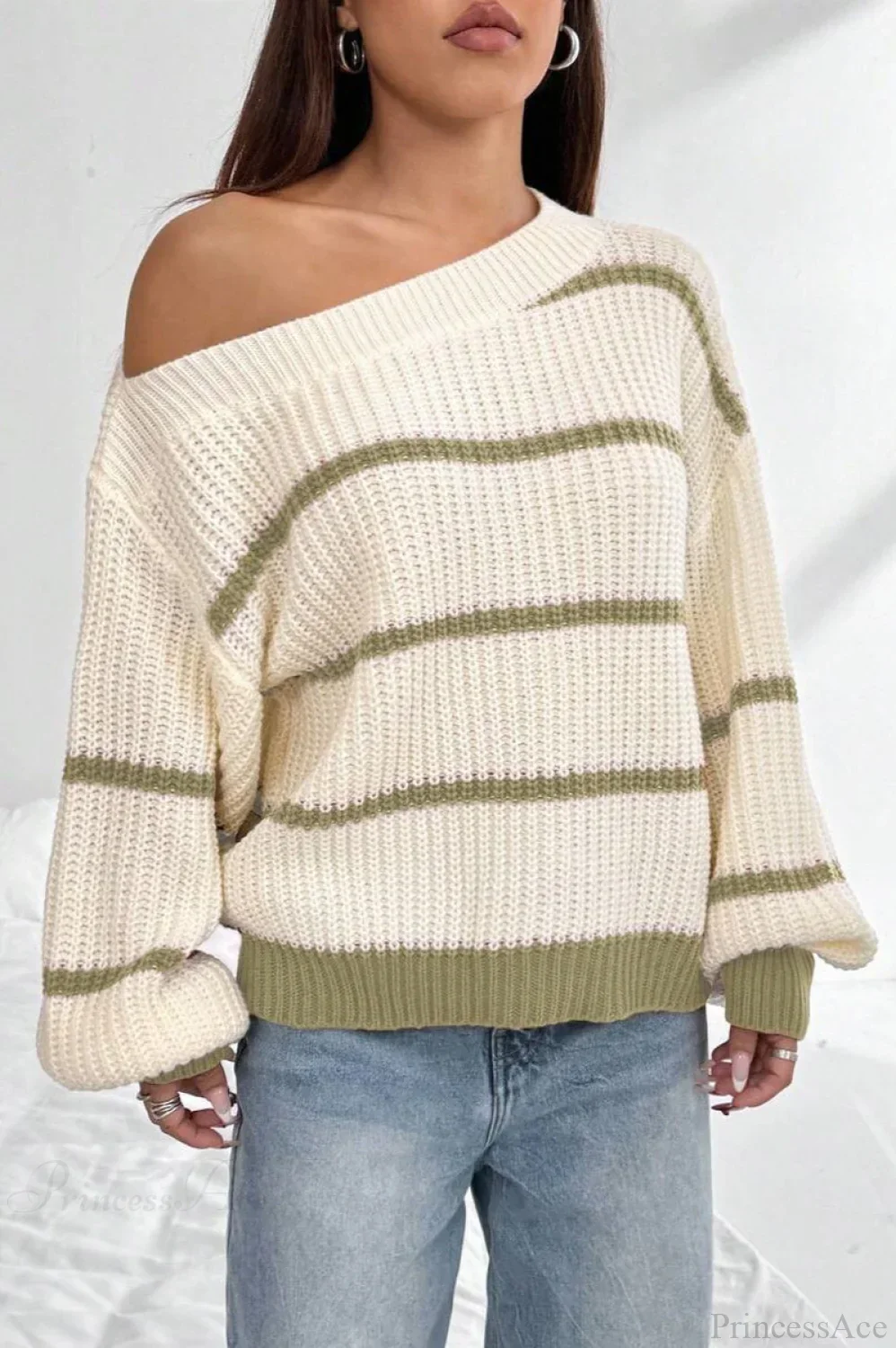 Chic Striped Off Shoulder Lantern Sleeve Knit Sweater - Image 5