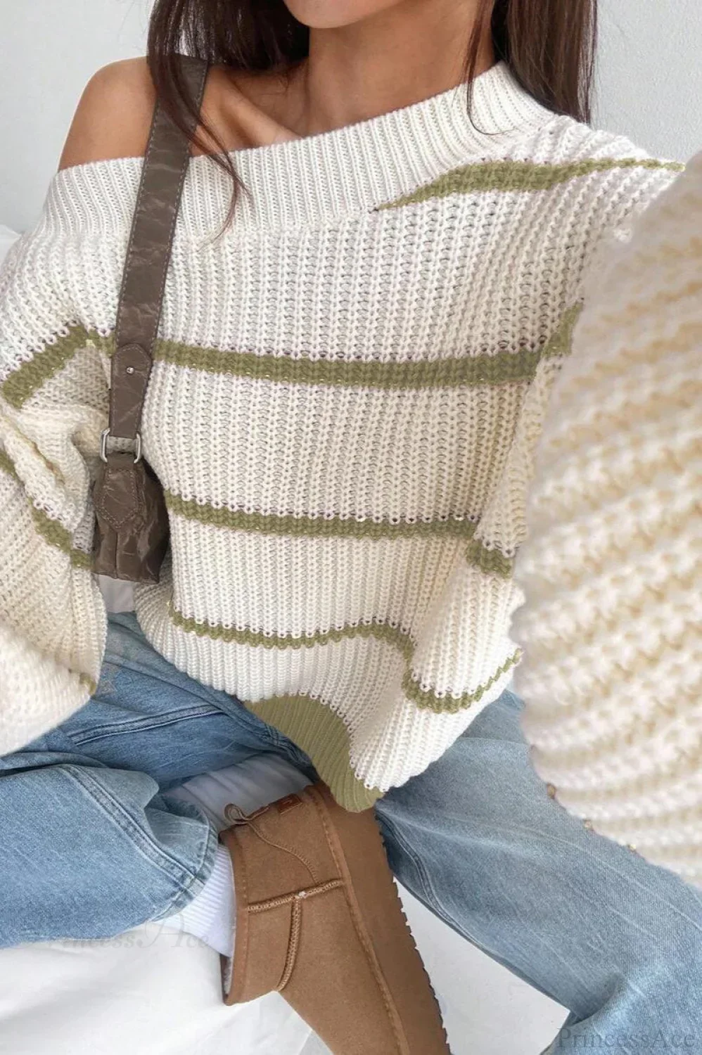 Chic Striped Off Shoulder Lantern Sleeve Knit Sweater - Image 7