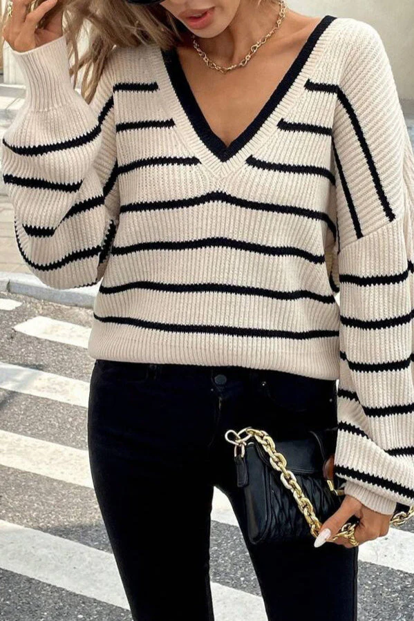 Chic Striped V Neck Back Bow Long Sleeve Knit Sweater - Image 2