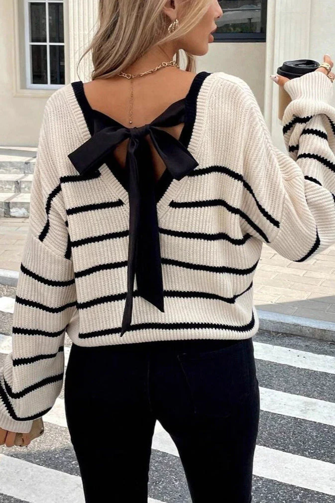Chic Striped V Neck Back Bow Long Sleeve Knit Sweater - Image 4