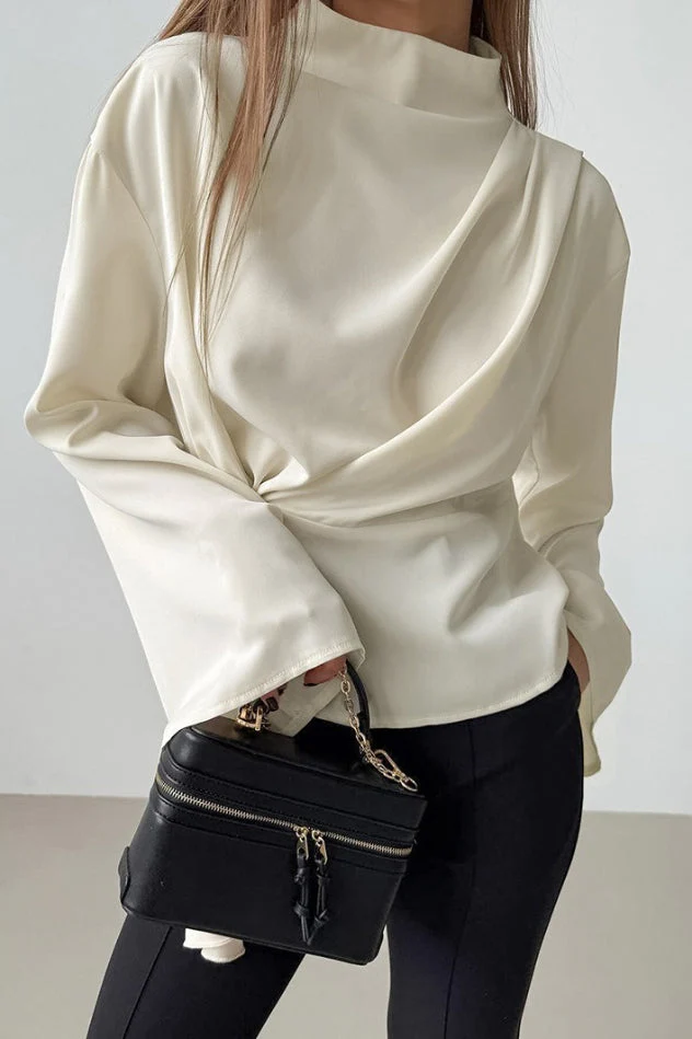 Chiffon Bell Sleeve Apricot Stand Collar Blouse - Image 2