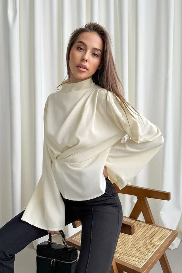 Chiffon Bell Sleeve Apricot Stand Collar Blouse - Image 3
