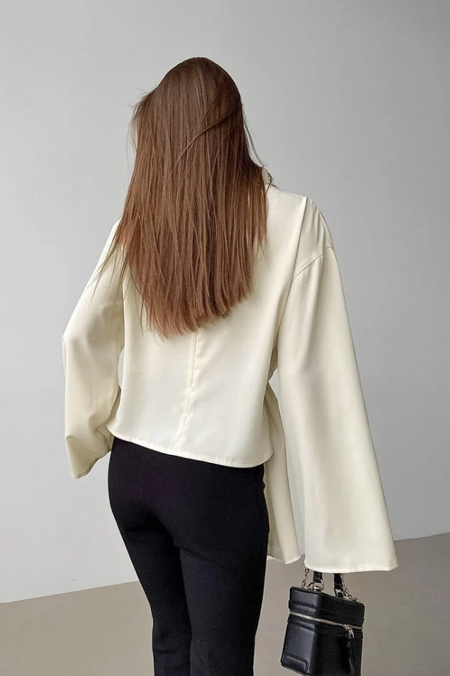 Chiffon Bell Sleeve Apricot Stand Collar Blouse - Image 4