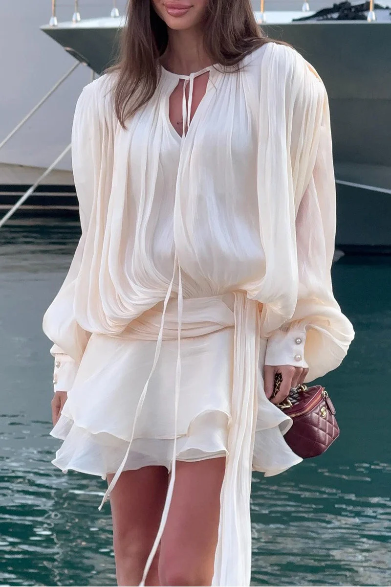 Chiffon Lantern Sleeve Tie Ruffle Mini Dress - Image 2