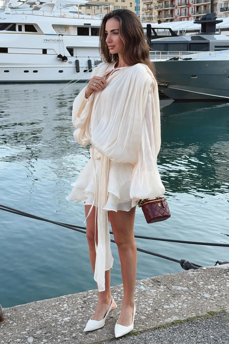 Chiffon Lantern Sleeve Tie Ruffle Mini Dress - Image 3