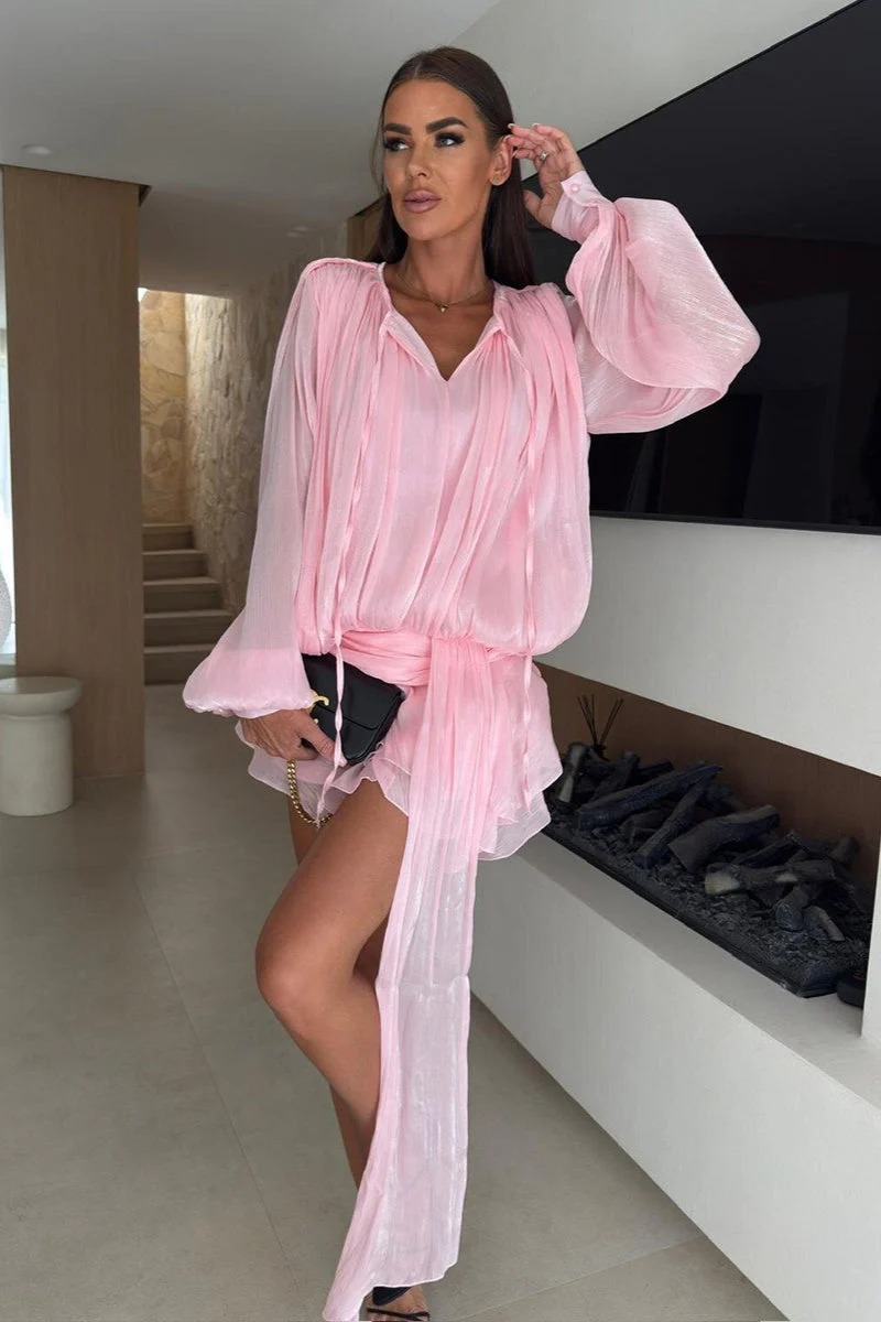 Chiffon Lantern Sleeve Tie Ruffle Mini Dress - Image 7
