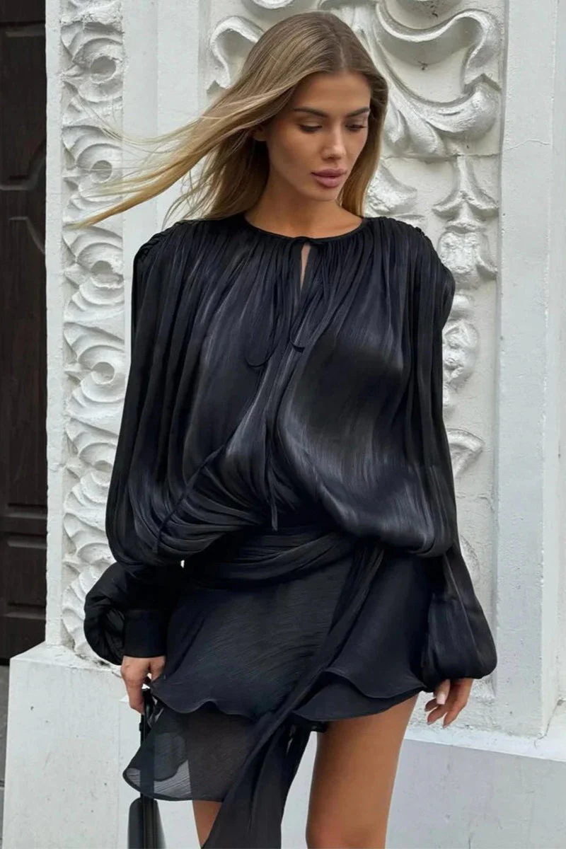Chiffon Lantern Sleeve Tie Ruffle Mini Dress - Image 9