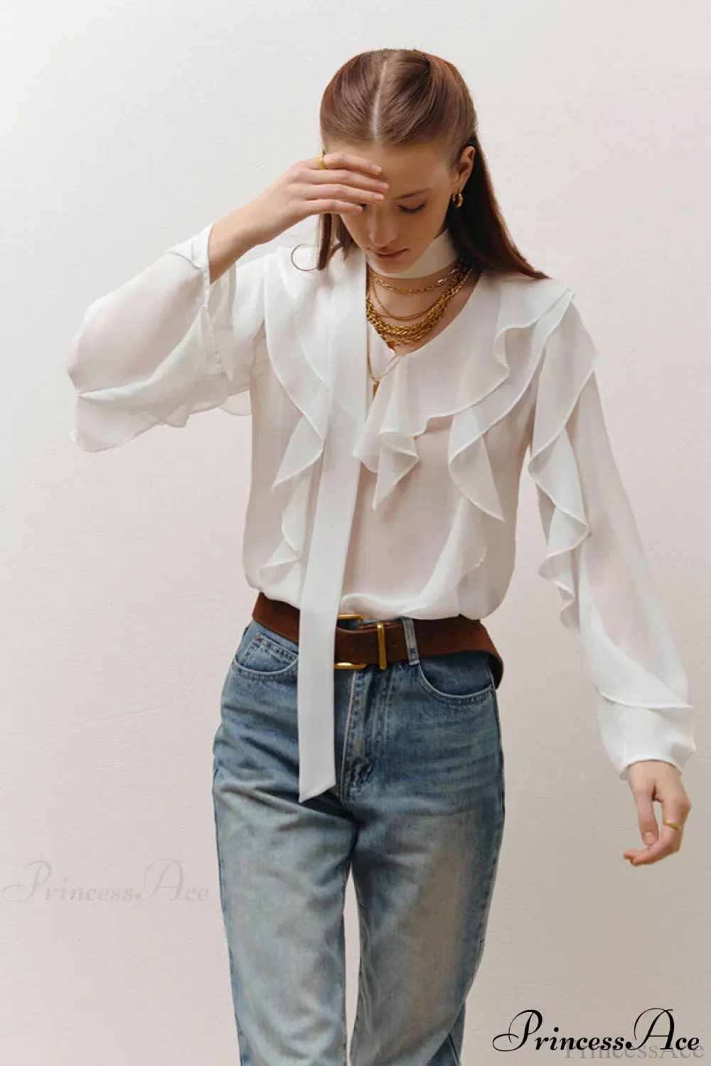 Chiffon Ruffled Long Sleeve V Neck Blouse - Image 2