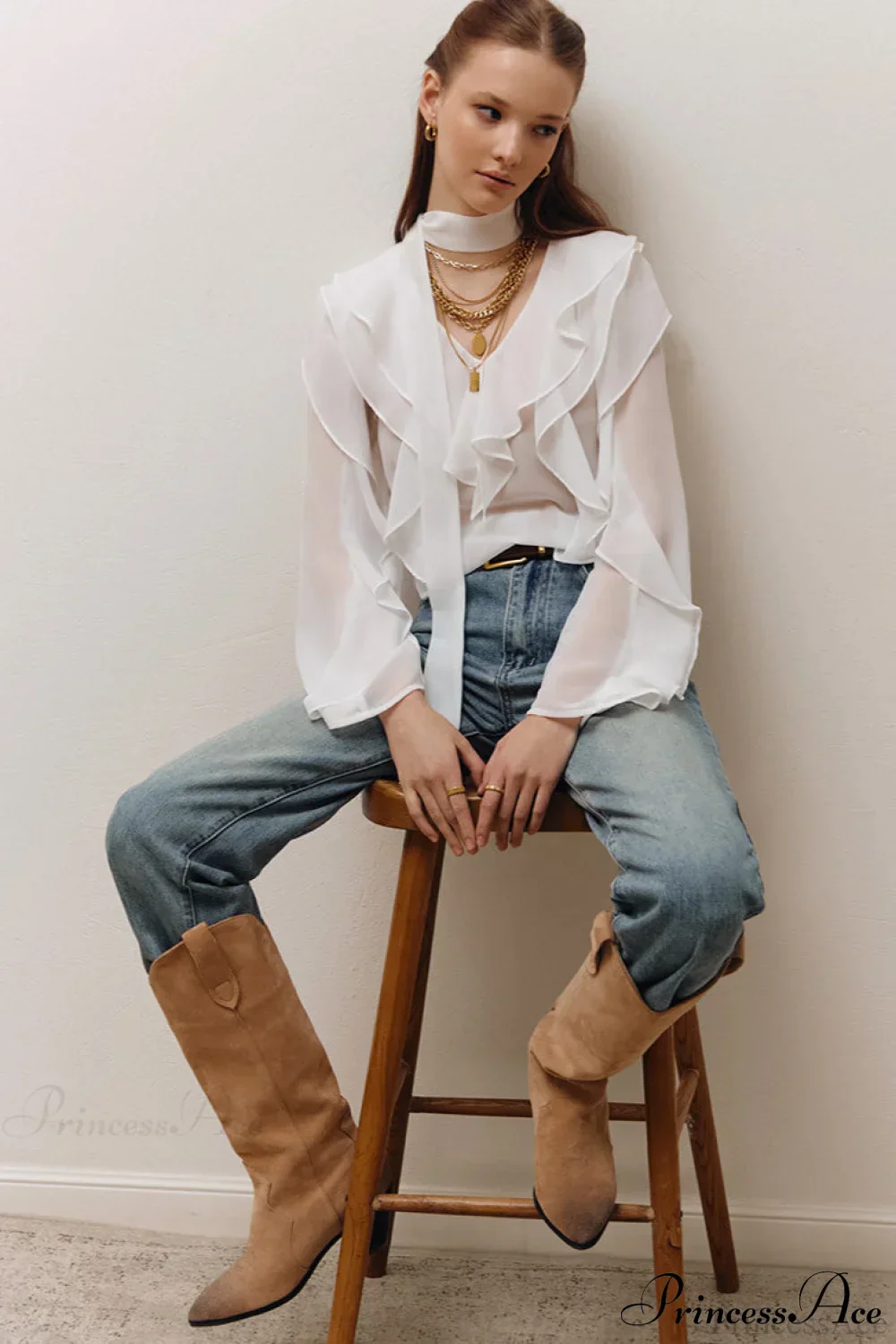Chiffon Ruffled Long Sleeve V Neck Blouse - Image 3