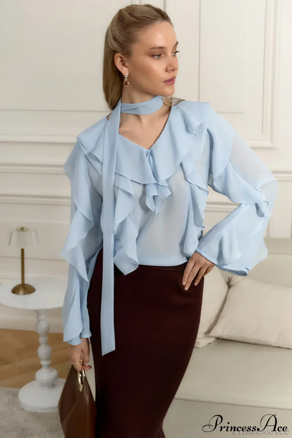 Chiffon Ruffled Long Sleeve V Neck Blouse - Image 5