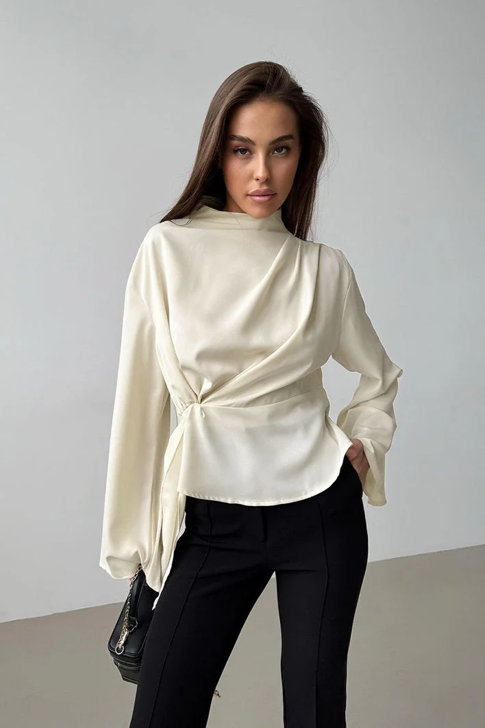 Chiffon Tie Waist Stand Collar Long Sleeve Tee - Image 3