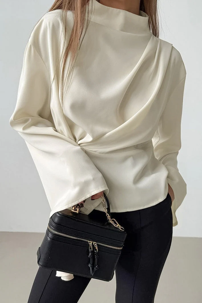 Chiffon Tie Waist Stand Collar Long Sleeve Tee - Image 5