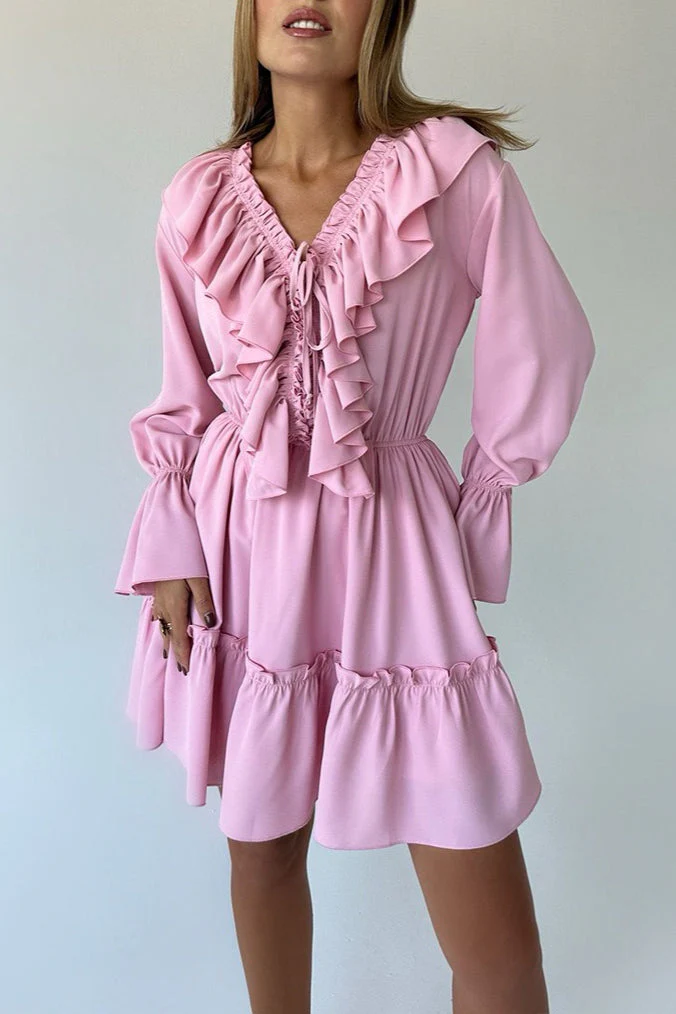 Chiffon V Neck Flared Sleeve Mini Dress - Image 10